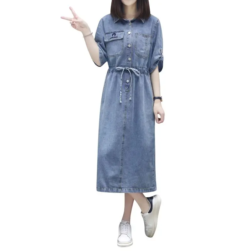 

Women Denim Dress 2024 Spring Summer Casual Short Sleeve Lapel Split Jeans Dress Streetwear Single Breasted Pocket Party Dresses