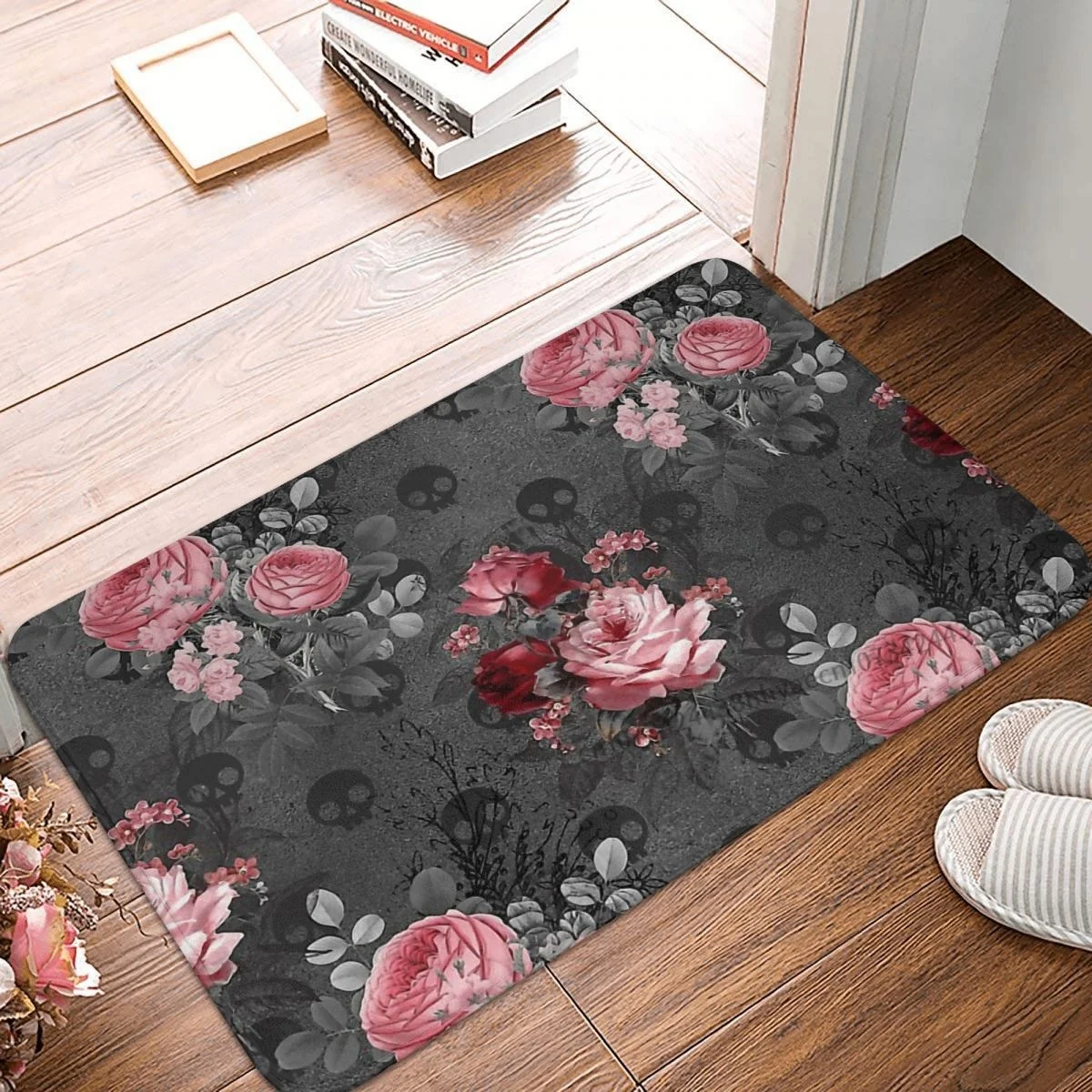 Goth 1980s Rock Romance Bath Non-Slip Carpet Gothic Roses And Skulls Pattern Flannel Mat Entrance Door Doormat Decoration Rug