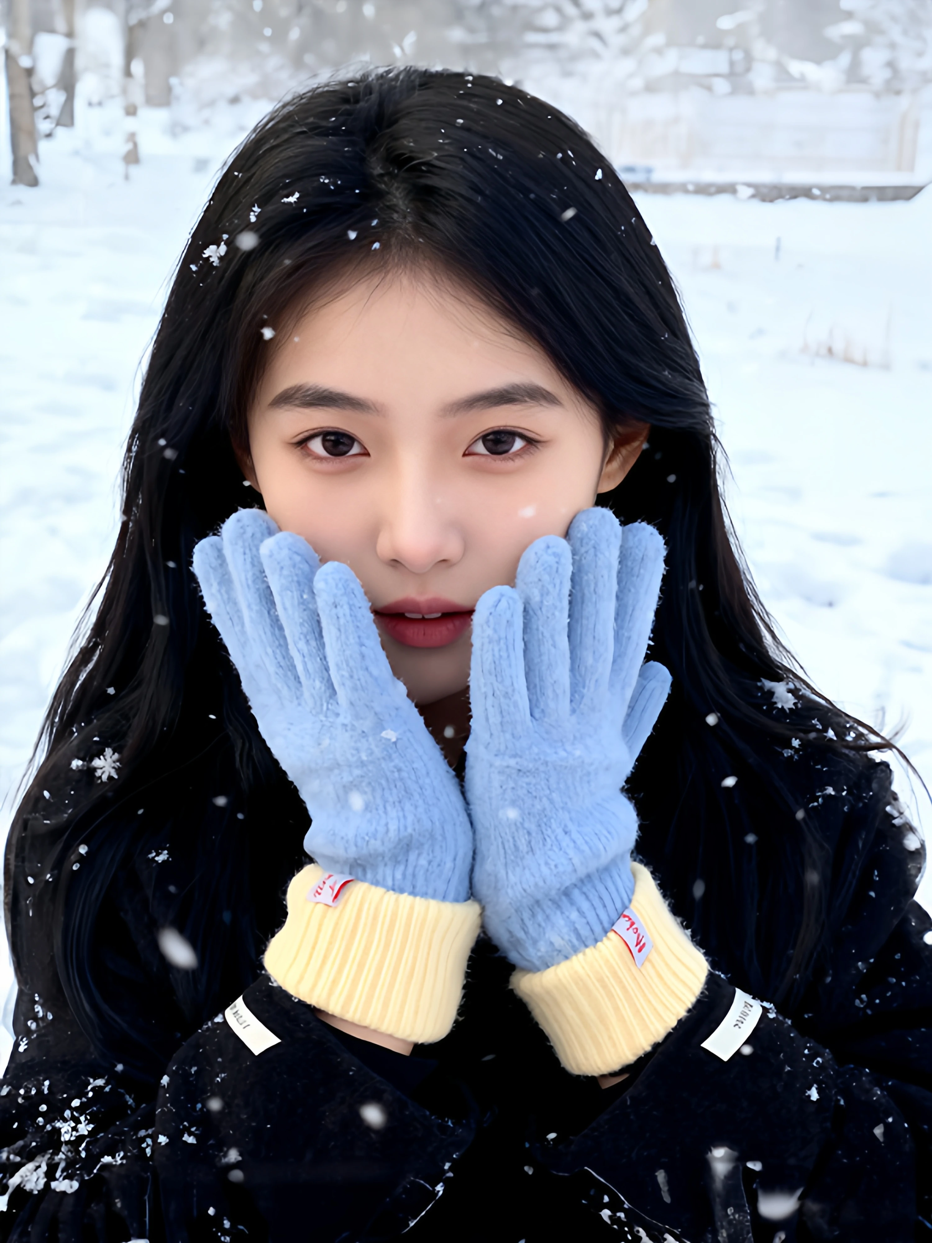 Korean Style Blue Plush Knitted Gloves Women's Autumn Winter Touchscreen Compatible Fingerless Warmth Riding Cold Proof