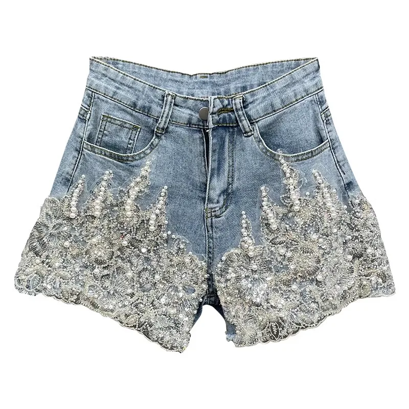 Europese goederen zware industrie genagelde kraal denim shorts dames zomer nieuwe 2025, mode hoge taille wijde pijpen broek hot pant shorts