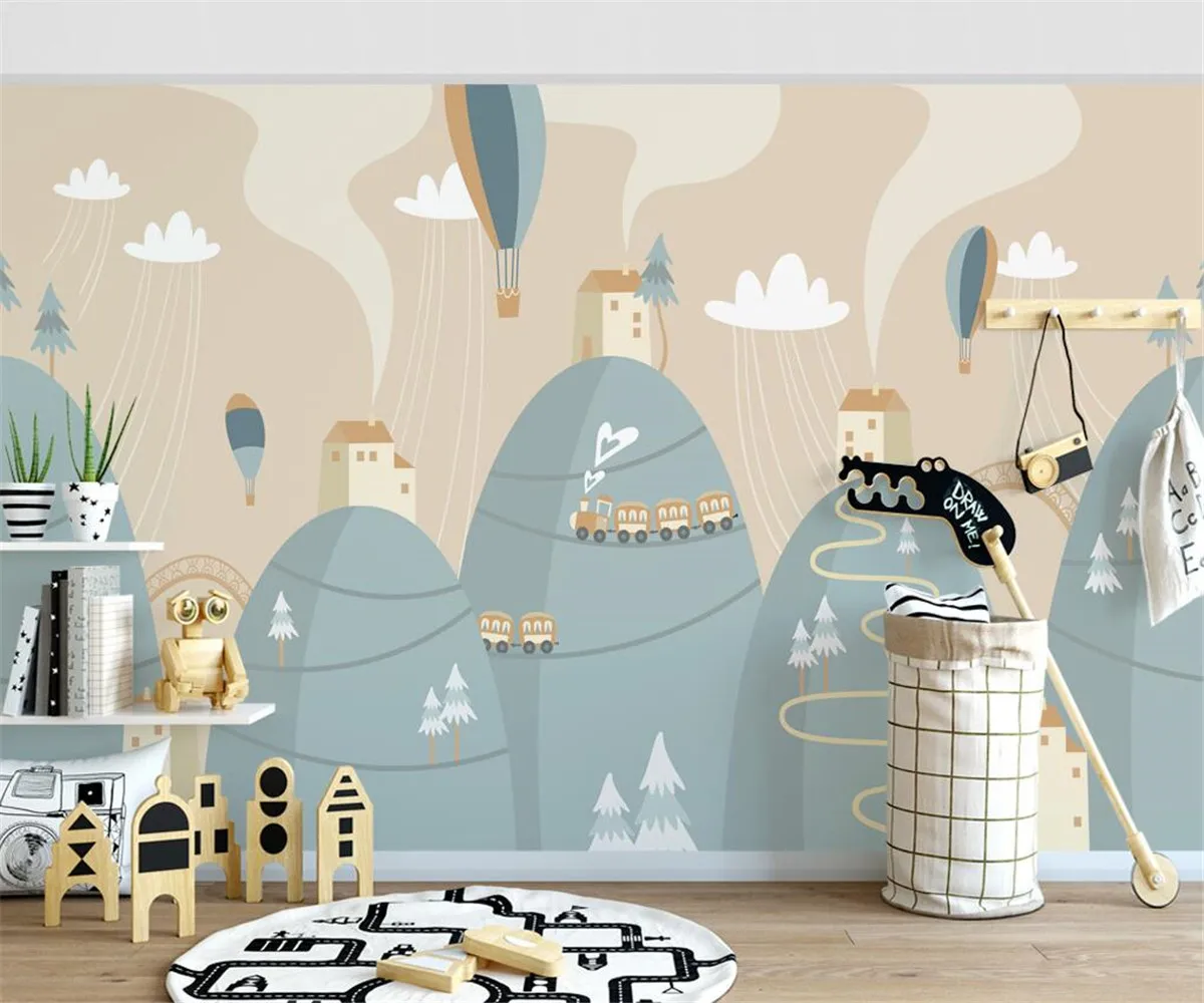 

Custom 3D Mural Wallpaper Modern cartoon hot air balloon mountain train Kids Room Baby Room Bedroom Background Photo Wall Paper