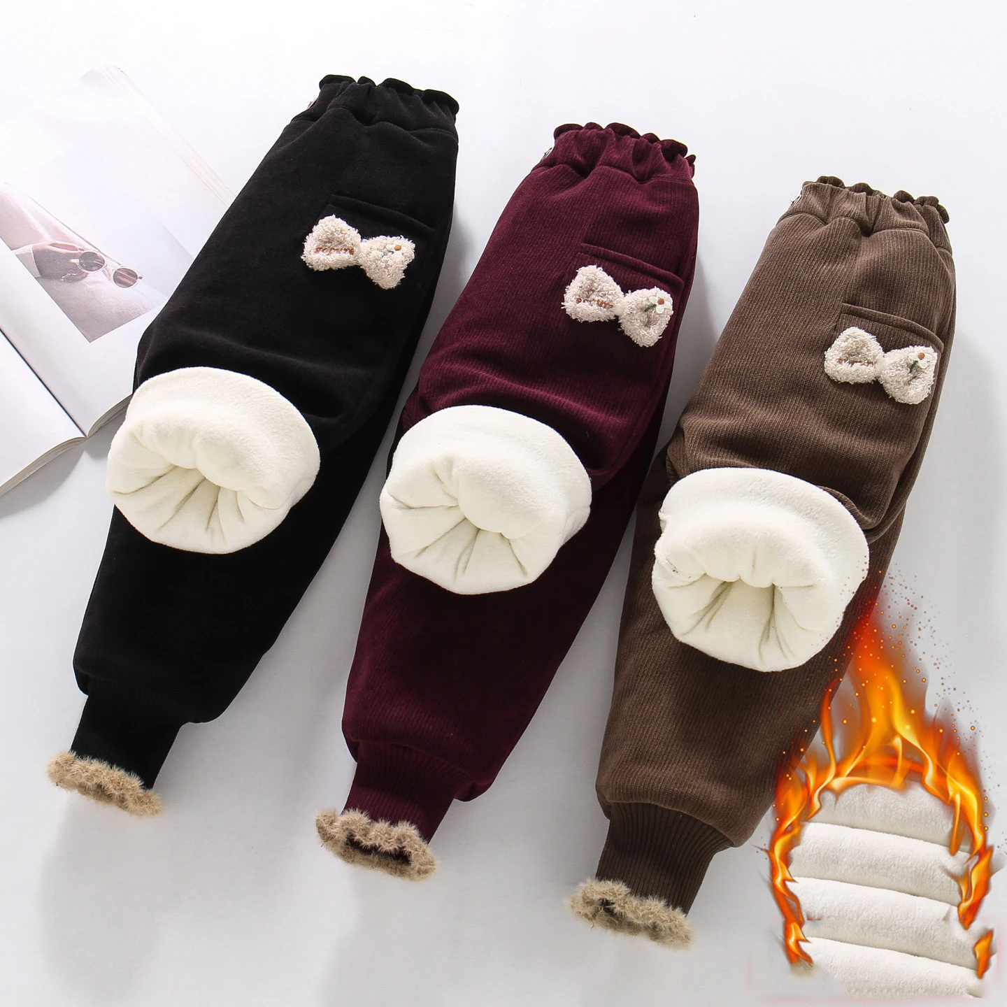 

Toddler Girls Pant New Winter Casual Bow Kids Baby Girl Corduroy Trouser Elastic Waist Plush Fleece Children Girls Quilted Pant