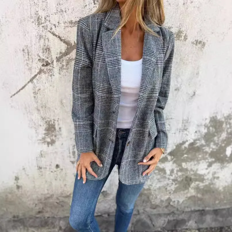 2025 cross-border cardigan jacket women's casual fashion retro thousand bird grid lapel suit cw44837