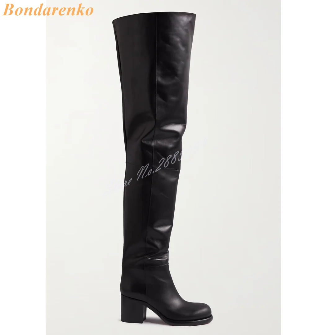 Leather Thigh High Boots Round Toe Thick High Heels Solid Slip On Long Boots Women Sexy Shoes Spring Autumn Party Designer Shoes