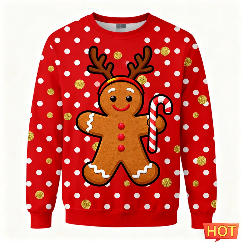 لطيف الزنجبيل رجل الجرافيك القبيح عيد الميلاد سترة العصرية عطلة Crewneck ثلاثية الأبعاد مطبوعة عيد الميلاد البلوز عادية كنزة بمقاس كبير