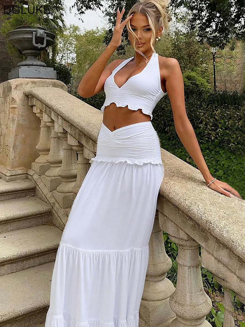 

DGLUKE Halter Top And Maxi Skirt 2 Piece Set For Women Summer Co ords Ruffle Pleated Long Skirt Set Beach Vacation Outfit