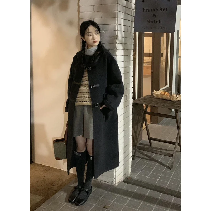 

Wool Blend Coats Womens Woolen Coat Blue Fall Angora Notched Collar Embroidered Buttoned Midi-Length French Style Beautiful Chic