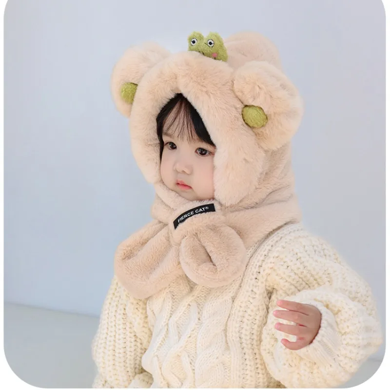 Kids Hooded Scarf Polyester Children Skin Friendly Wear Resistant Plush Hat Baby Cartoon Bear Thick Windproof Protection Scarf