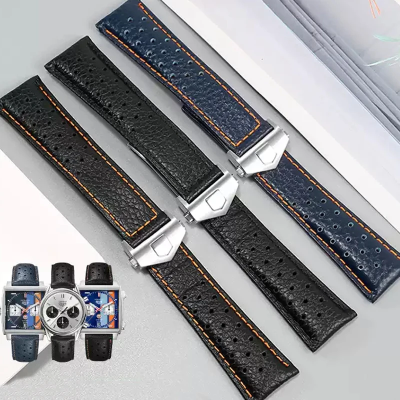 22mm Watch strap For TAG Heuer Monaco Carrara Watchband CAW211M 211P CAW211R 211T breathable Cow Leather Men's Folding buckle