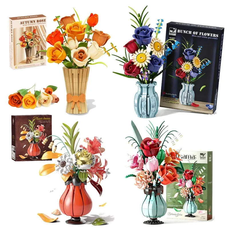 

16Type Simulation Home Flowers Series Building Blocks Home Desk Plant Decoration Valentine's Girl Holiday Gifts