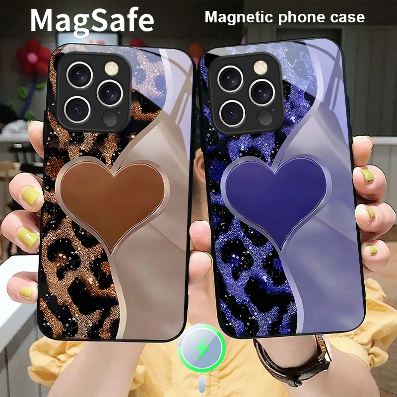 

Blue leopard print heart For iPhone 16 E 15 14 13 Plus 12 mini 11 Pro Max XR Xs Max 16E X 7 8 Plus 2022 Magsafe Glass Phone Case