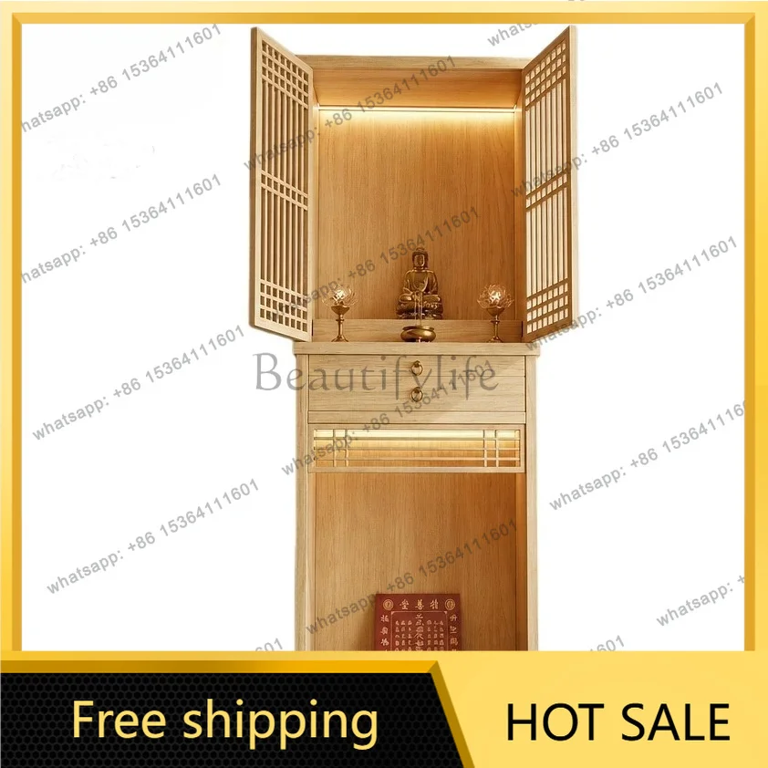 YJ New Chinese Solid Wood Standing Shrine Cabinet Wabi‑Sabi Zen Style Two‑Tier With Door Living Room Home Worship Altar Cabinet