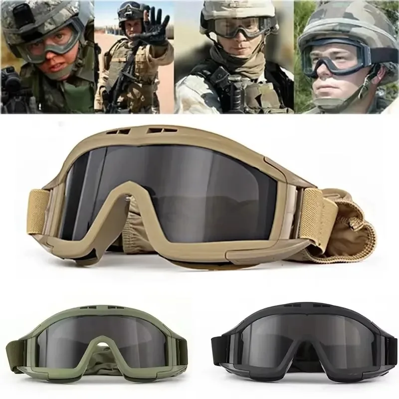 Outdoor Tactical Goggles Mountaineering Shooting Sunglasses Windproof Sand Control Motocross CS Glasses 3 Lenses Replaceable