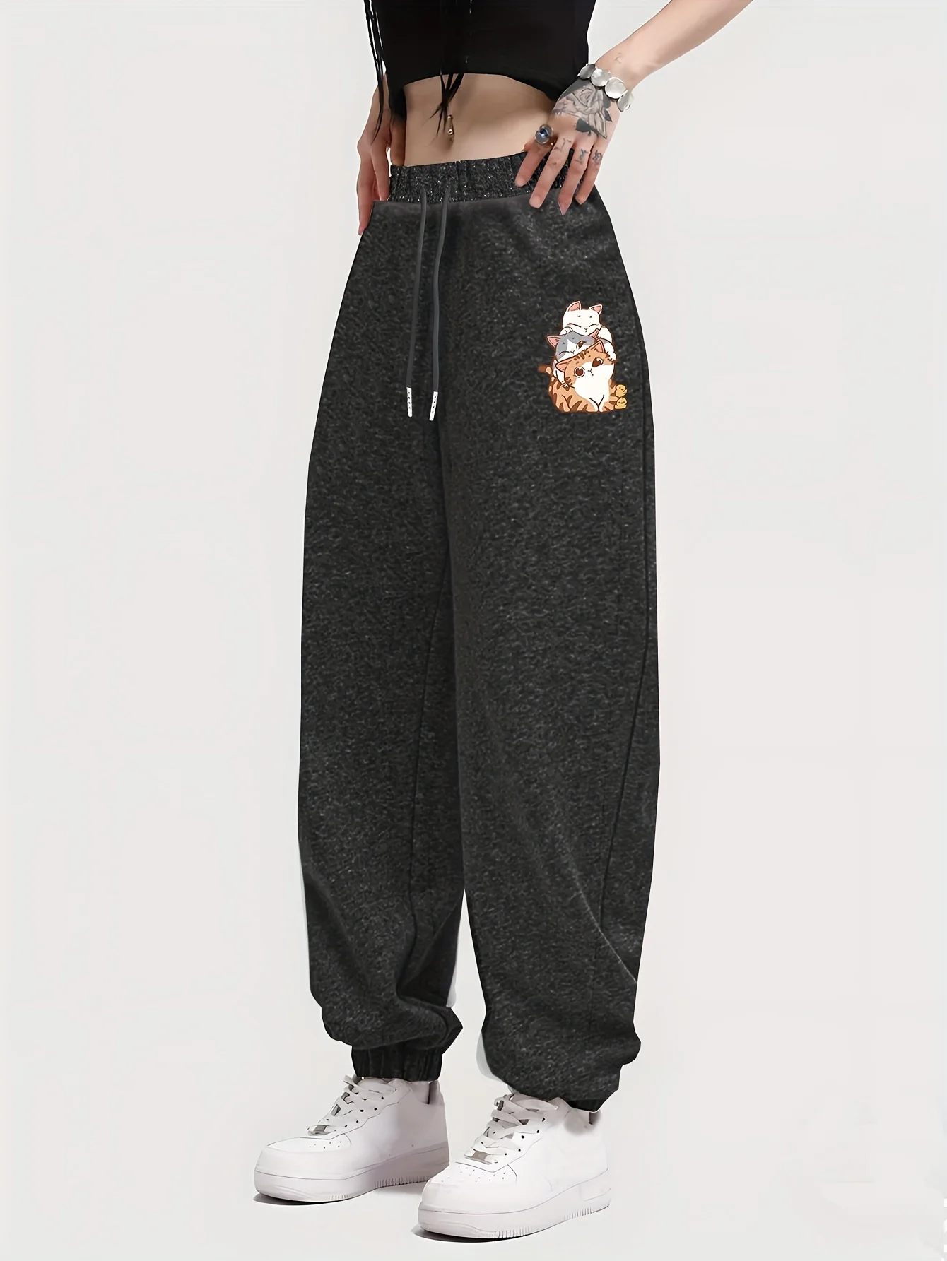 Cartoon Cat Pattern Casual Jogger Pants Drawstring Elastic Waist Slant Pockets Chic Sports Sweatpants Women's Clothing