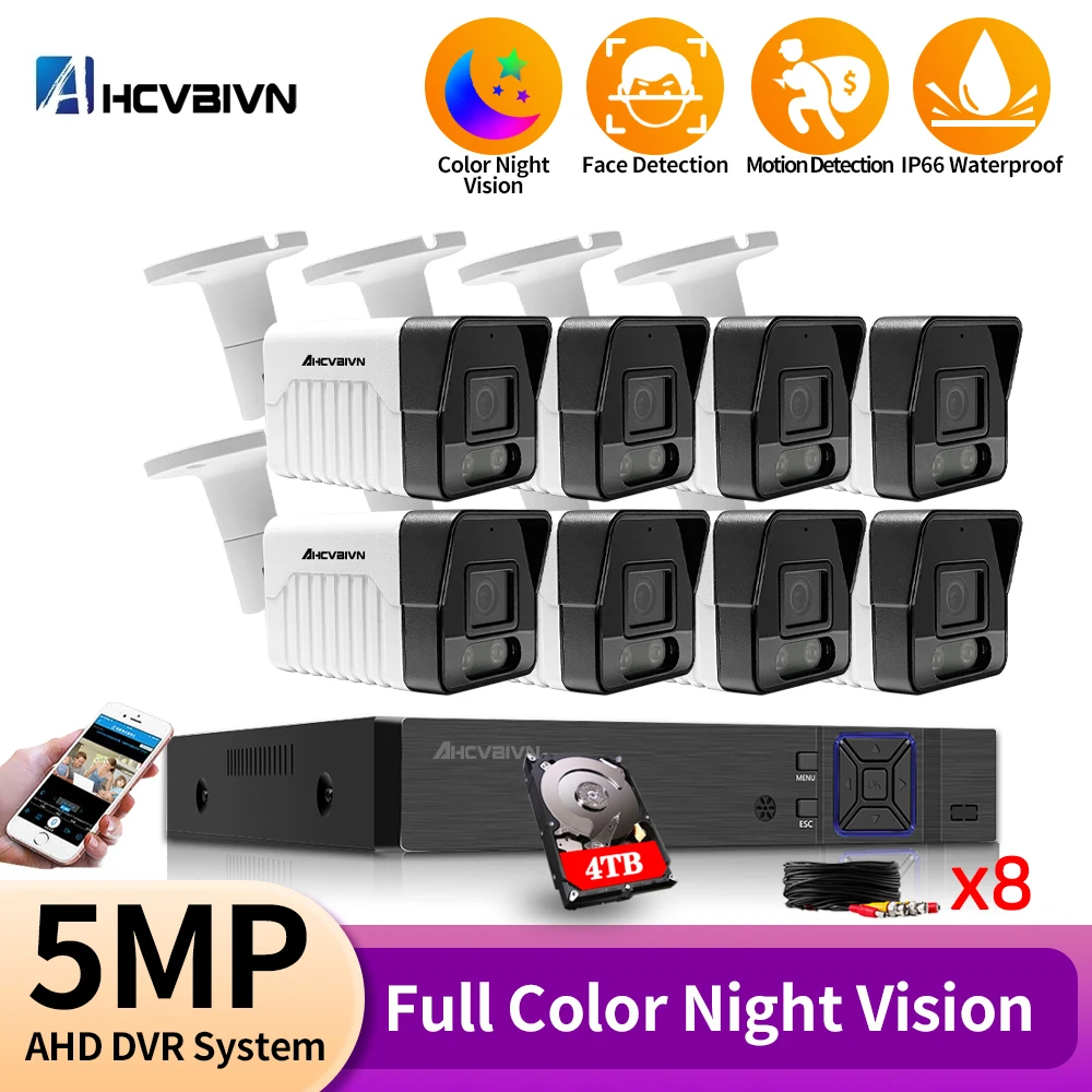 H.265 5MP 8 Channel 6 IN 1 Hybrid DVR AHD Color IR Night Vision Indoor/Outdoor Face Detection Camera Security Camera DVR System