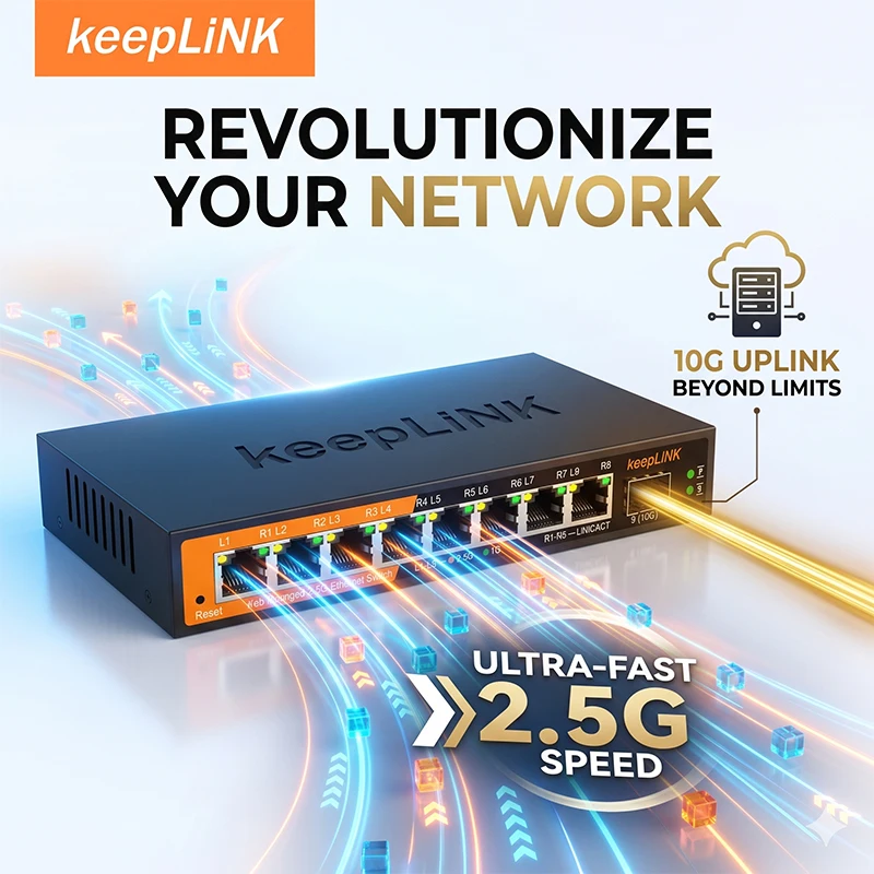 KeepLiNK 9-Port 2.5G Web-Managed Switch |   8x 2.5GbE RJ45 + 1x 10G SFP+ Uplink |   Lüfterloses Metallgehäuse, Geräuscharmer Betrieb
