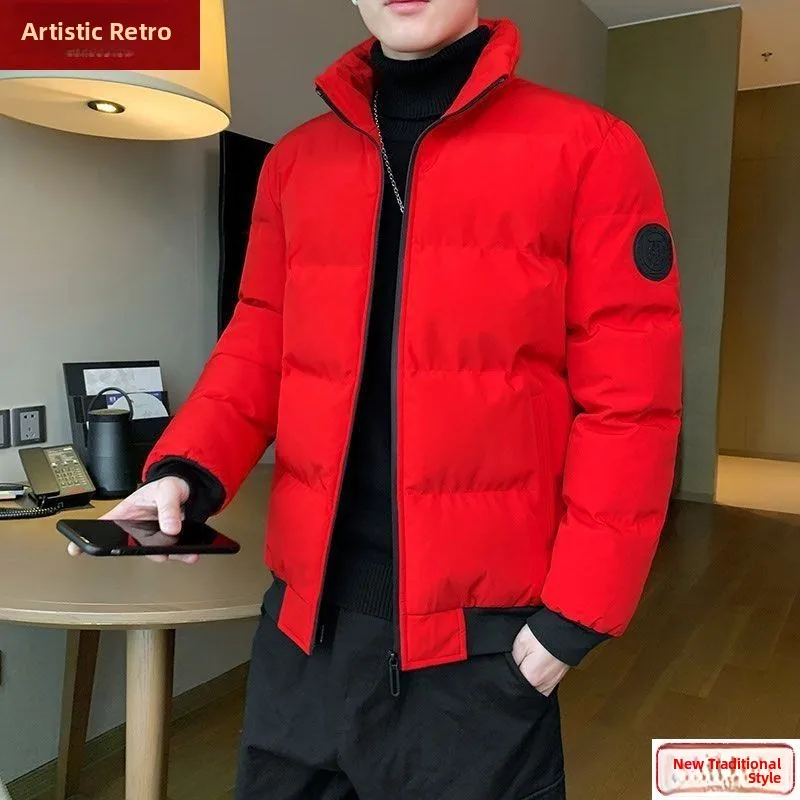 

Мужская зимняя теплая красная хлопковая куртка с капюшоном и воротником-стойкой, пуховое хлопковое пальто с лунным годом, дизайн головы тигра