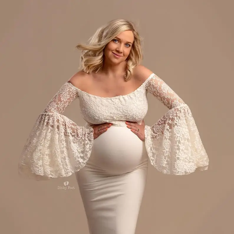 European and American Lace Patchwork Silky Cotton Maternity Ruffled Sleeve Trailing Maxi Dress for Photography