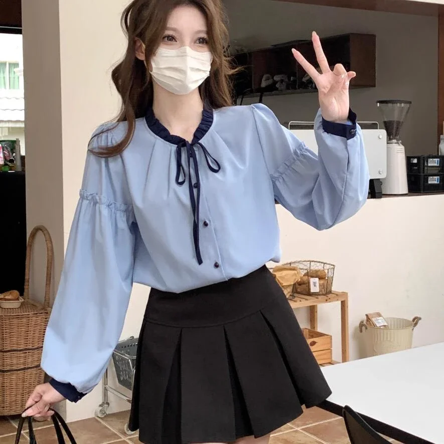 Francês doce camisas femininas o-pescoço rendas puff manga retalhos all-match estilo preppy topos jovem blusas macias feminino ins