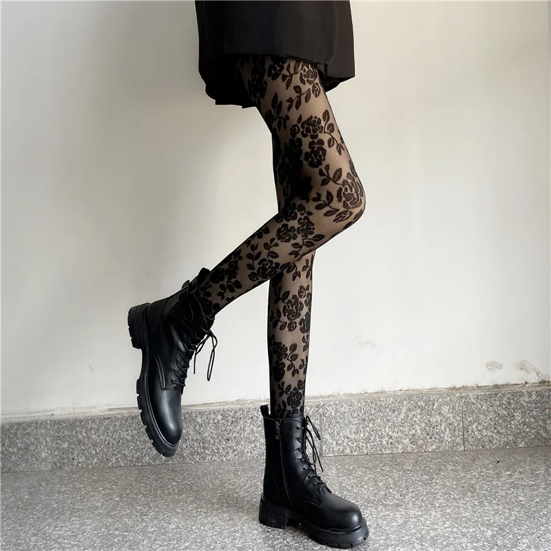 2022 New Vintage Rose Tights Feminine Lace Jacquard Tights Thin Anti-hook Silk Black Tights