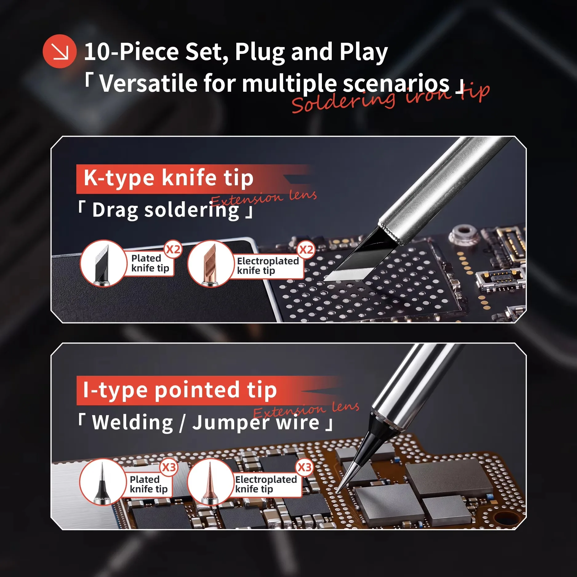 YCS C210 Austauschbares Lötspitzen-Set 10 Stück 4K+6I Messerspitzen für Handy-PCB Jumper-Draht Präzisions-Lötwerkzeuge zur Reparatur – Detail 5