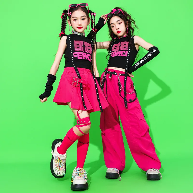 Kids Hip Hop Crop Top Cargo Pants Girls Summer Street Dance Skirts Child Streetwear Jazz Sweet Costumes Cheerleader Clothes Sets