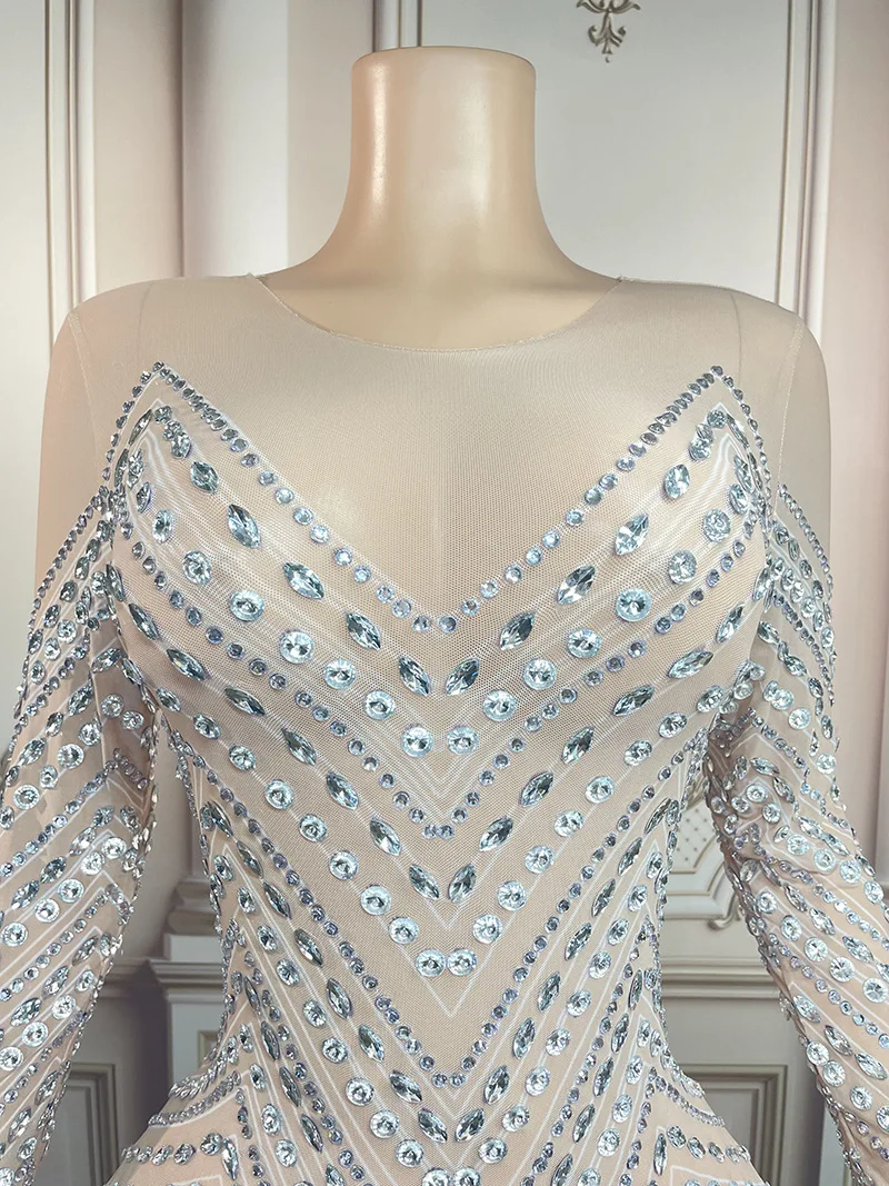 Costume scintillante diamante cristallo manica lunga ballo di fine anno abito da bar abiti da sera festa luxuosos abiti da occasione formale