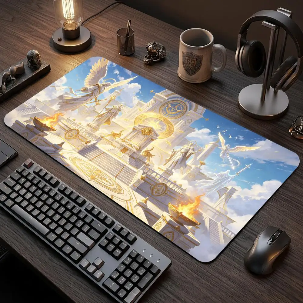 60X35cm Celestial Heavenly Angel Golden Temple Play mat  Non-Slip Rubber Base Stitched Edges Desk mat For TCG Card Game