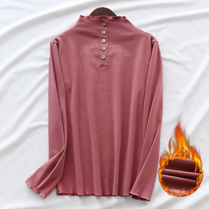 Thickened Double-Faced Velvet Half-High Collar Fleece-Lined Base Shirt Women's Autumn Winter Fashion Style Button Detail Slim...