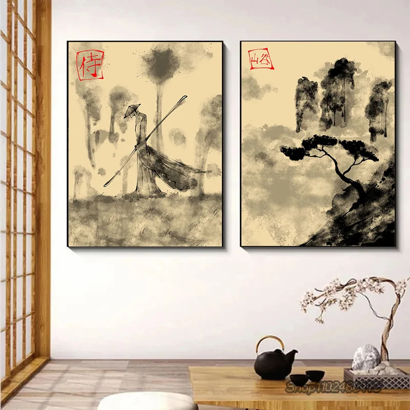 Japanese Sumi Art Poster Abstract Cat Stork Samurai Valley Prints Canvas Painting Wall Art Pictures for Home Living Room Decor