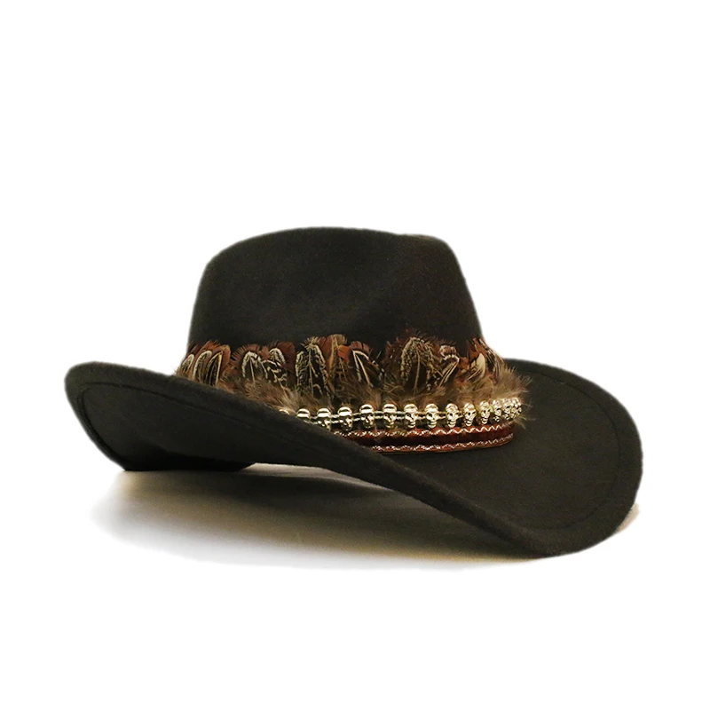 Retro Feather Skull Head Leather Band Unisex Women Men /Kid Child Wool Wide Brim Sun Cowboy Western Hat Cowgirl Cap 54-57-61cm