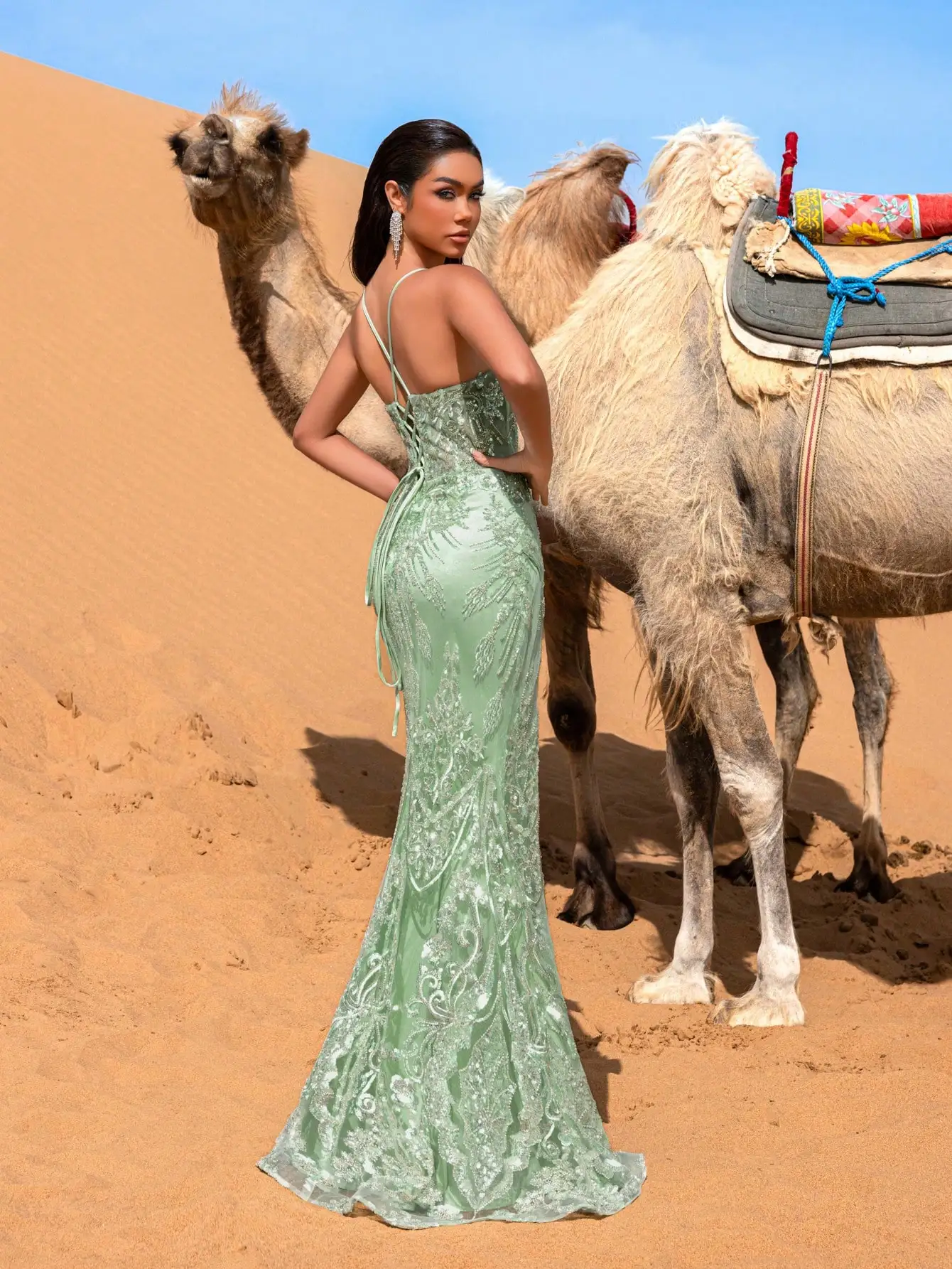 هوت بريق أنيق الدانتيل متابعة الظهر مطرز زلة مطرز فساتين رسمية وفساتين السهرة