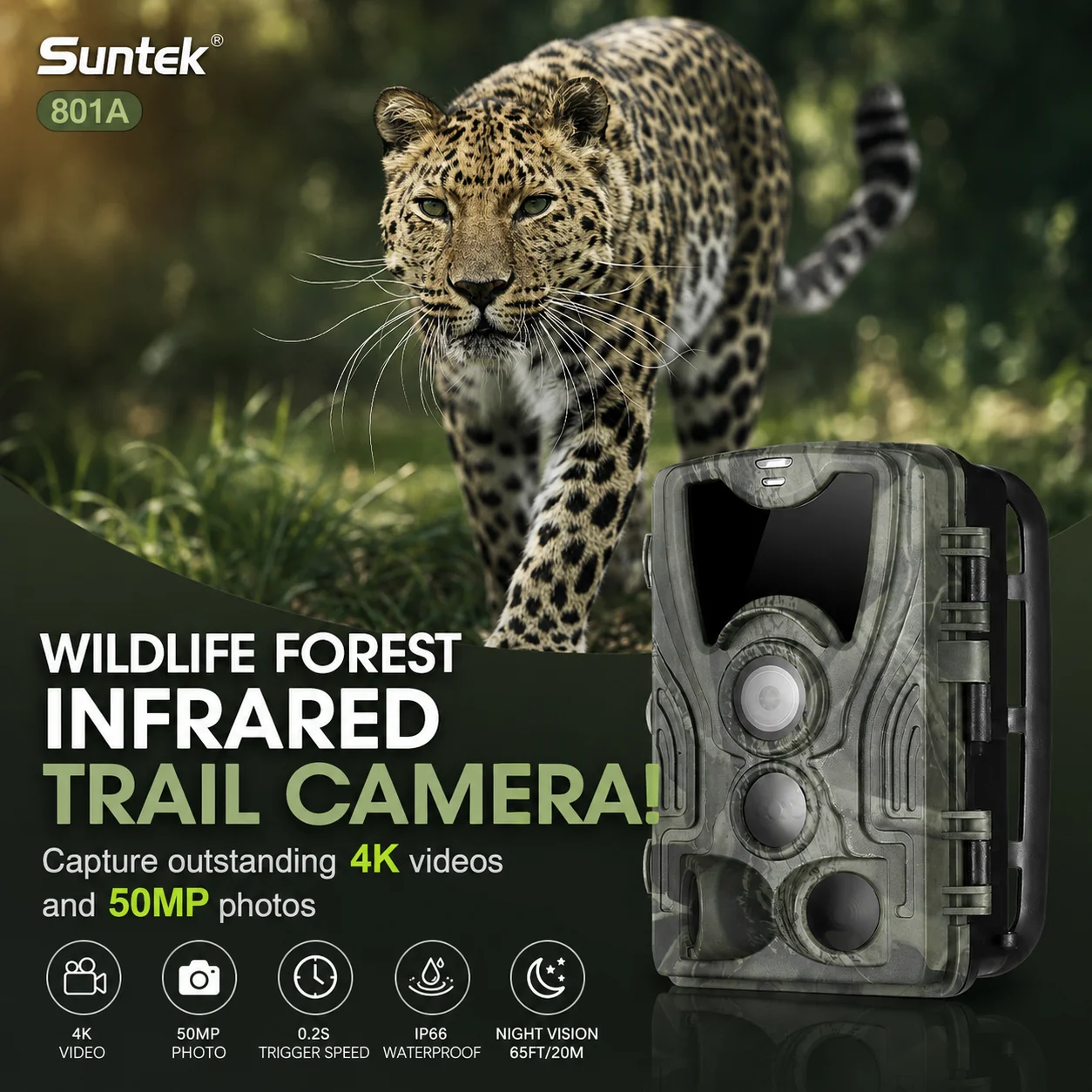 Suntek 801A 4K 50MP Wildlife Trail Camera Photo Trap Infrared Hunting Cam Wireless Surveillance Tracking Game Cam