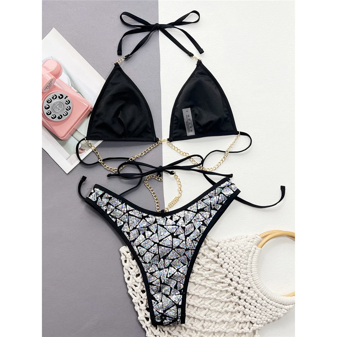Neuer Bikini mit Pailletten, Metallketten und Neckholder, Damen-Badeanzug, zweiteiliger Bikini-Set, Badebekleidung, Badeanzug, Schwimmanzug V4865 – Detail 10