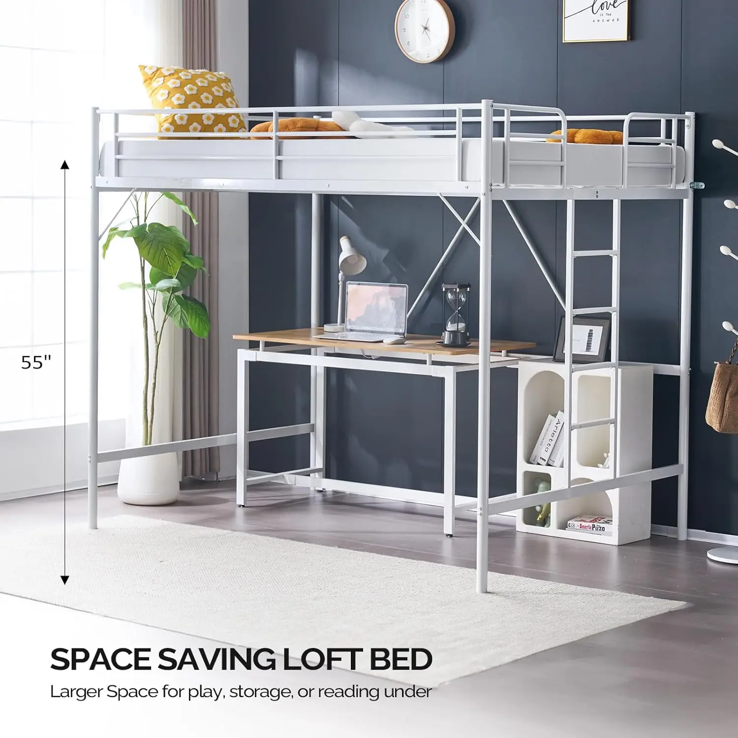 Lit Loft pleine grandeur avec échelons plats pour adultes, enfants et jeunes adolescents, aucun ressort mécanique requis, support de latte en métal rapide, blanc