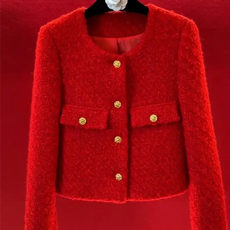 جديد جودة عالية أزياء الأحمر تويد سترة معطف المرأة الفرنسية س الرقبة طويلة الأكمام زر معدني قصير ملابس خارجية صوفية أنيقة