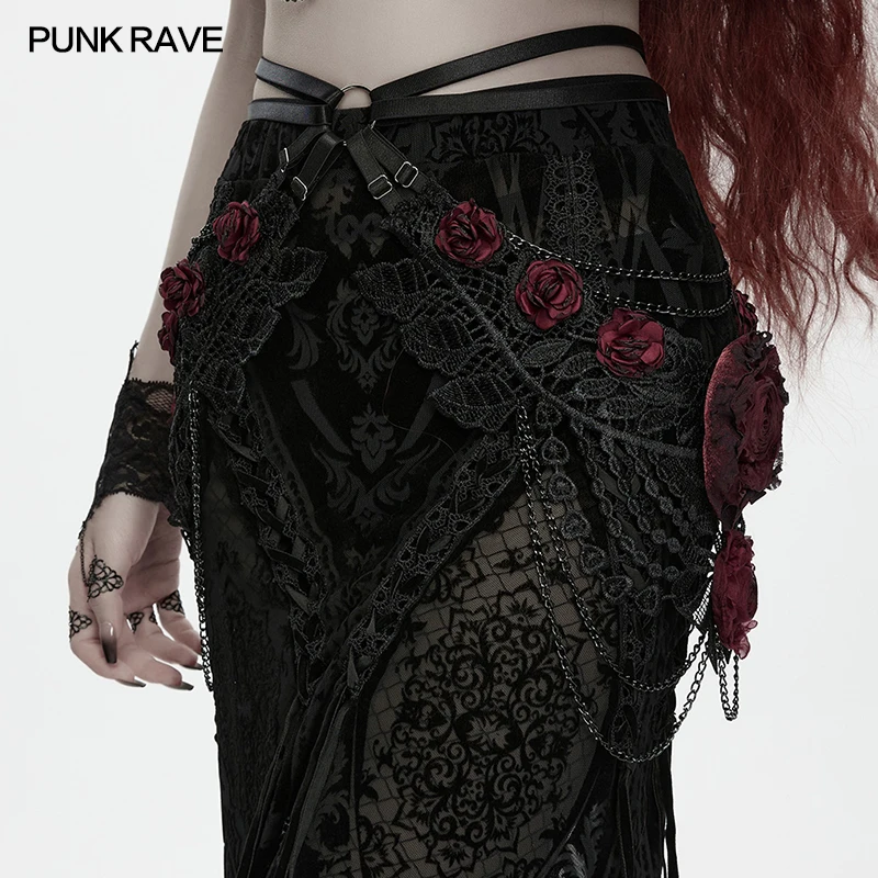 PUNK RAVE Women's Bloody Rose Gothic Lace Roses Hip Chains Harness Embellishing Lines Two Colors Available-BK-RD