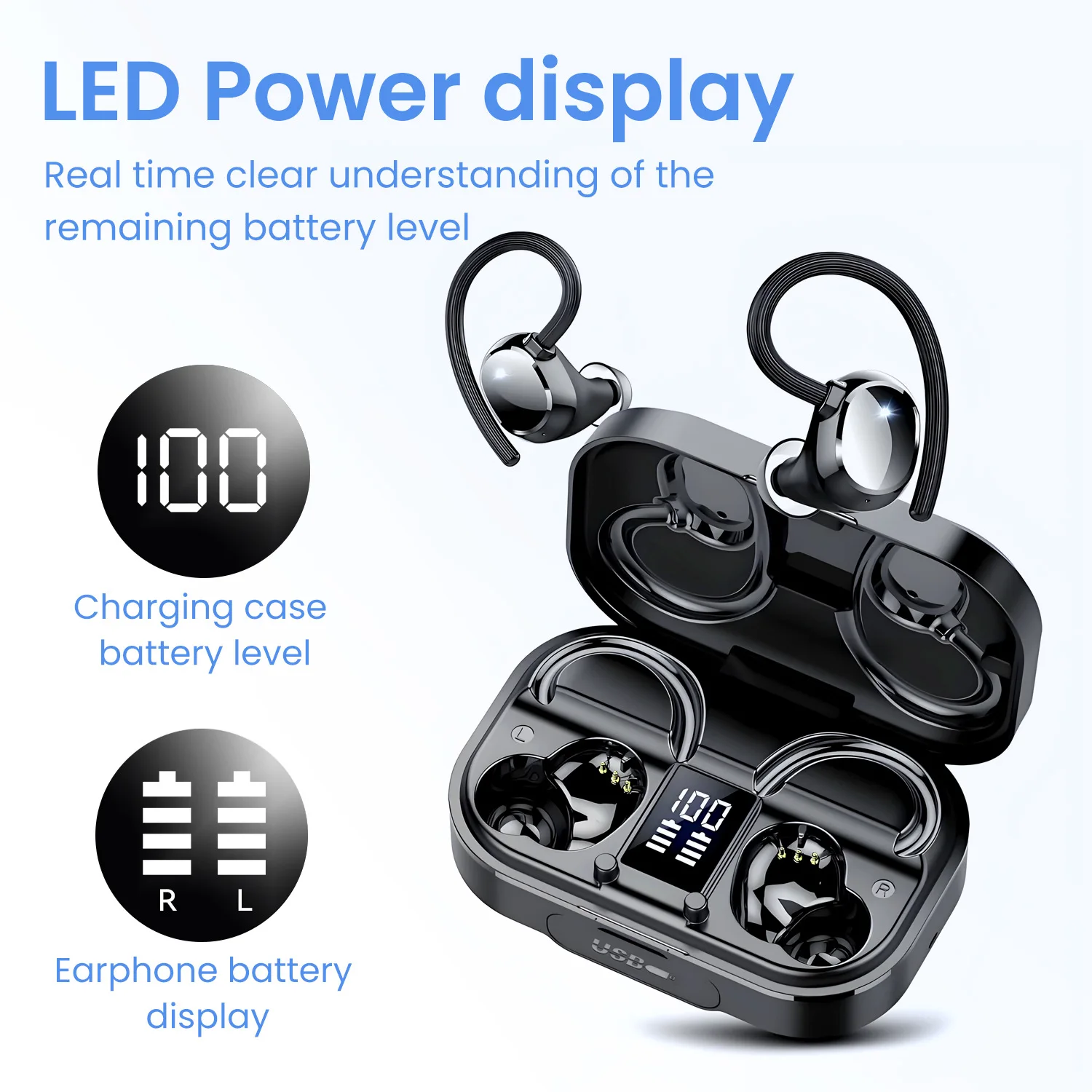 

Ear Hook Style Bluetooth Earphone Power Display Large Battery Charging Case Comfortable Wear Reverse Charging Listen Music