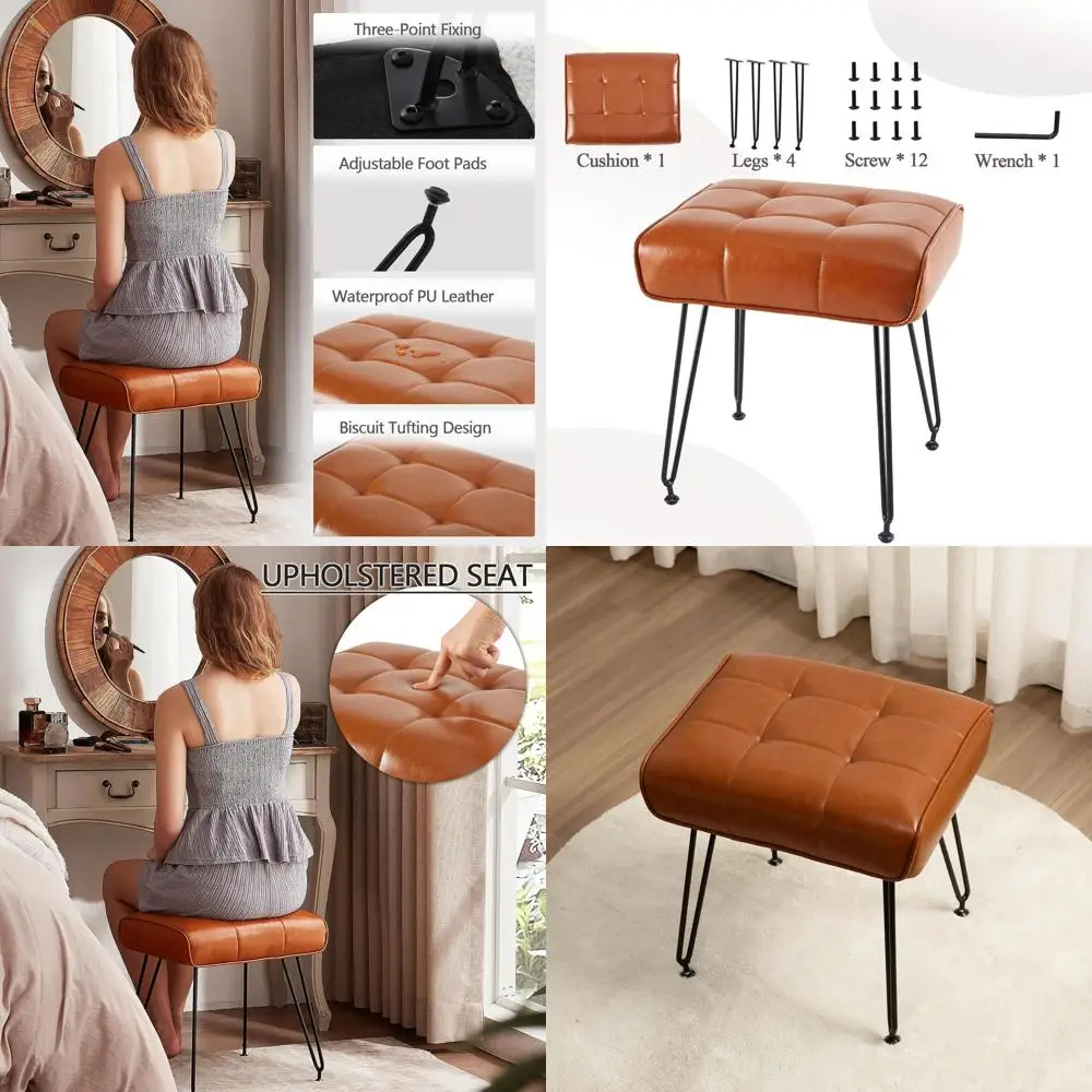 

Whiskey Brown Leather Vanity Stool with Metal Legs for Makeup and Living Spaces