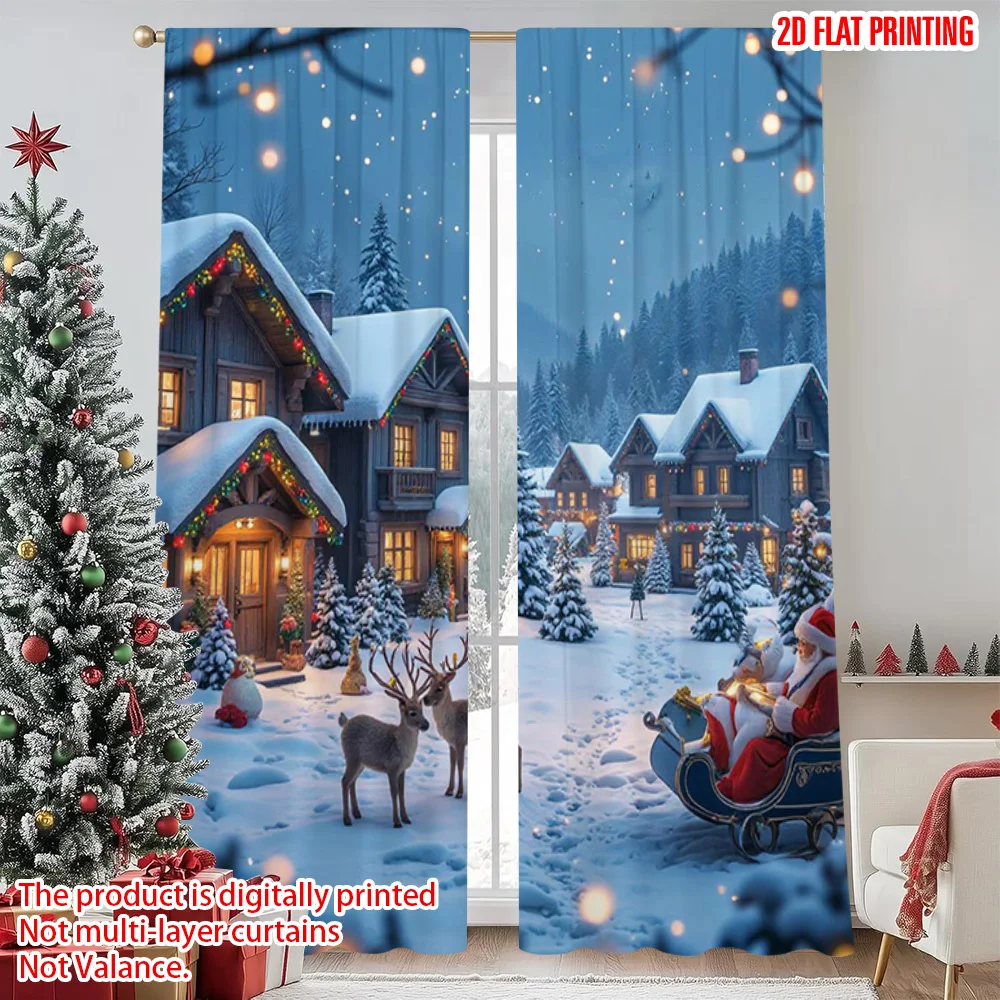 

2pcs 2D flat printing Merry Christmas Scene Curtains Christmas Winter Versatile 100% Polyester Without Electricity Family Party