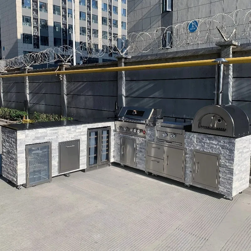 Luxury L-Shaped Outdoor Kitchen Island Cast Stone Gas Grill Smokeless 4 Burner with Oven Custom