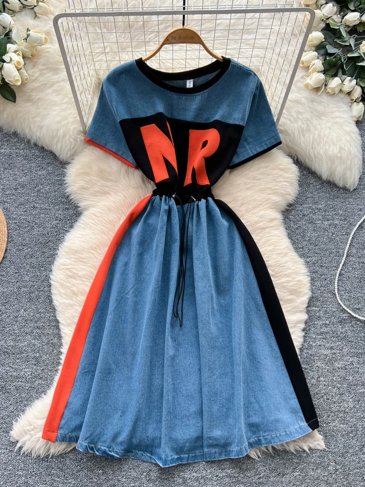 الرجعية الراقية الشعور اللون Blo جولة Ne ort Sve إلكتروني طباعة الدنيم الدكتور المرأة الخصر Cinching تنورة غير رسمية #1