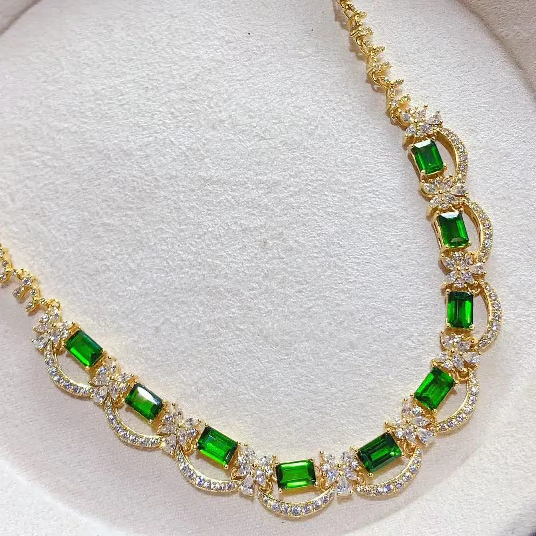 Square Diopside Necklace Gala Elegant, S925 Sterling Silver Evening Gem Collarbone