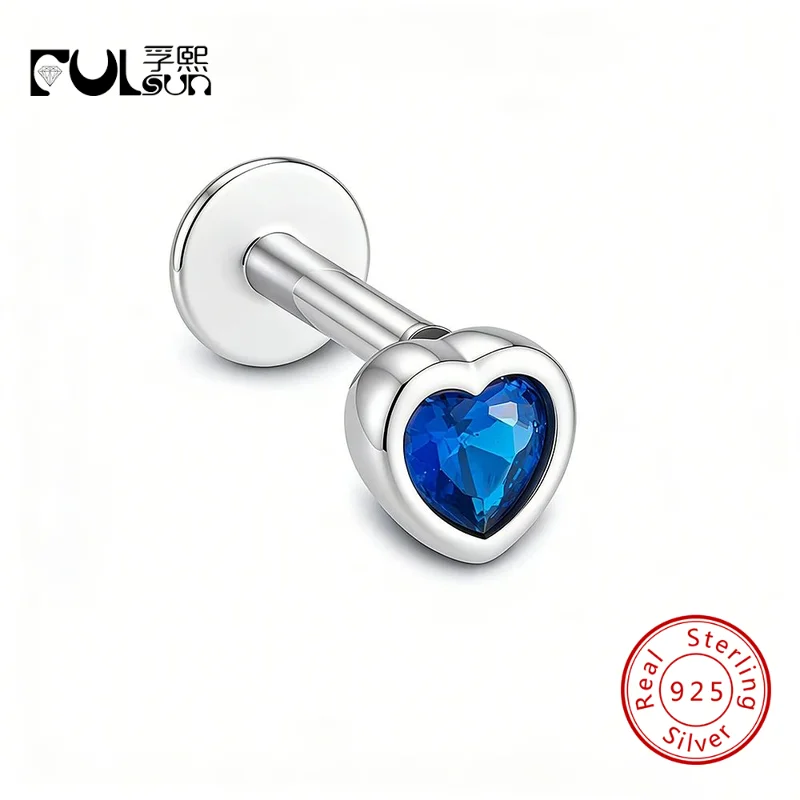 Серьга-гвоздик из стерлингового серебра 925 пробы с позолотой 14K, в форме сердца, с синим фианитом, плоская, для пирсинга хряща