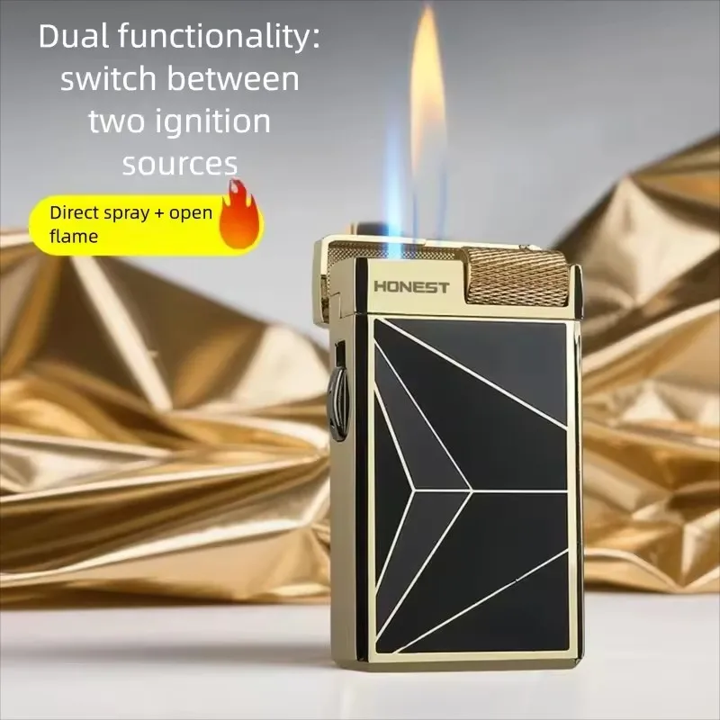 HONEST Direct Windproof Gas Lighter Transparent Gas Chamber Dual Fire Conversion Cigar Lighter High End Metal Lighter