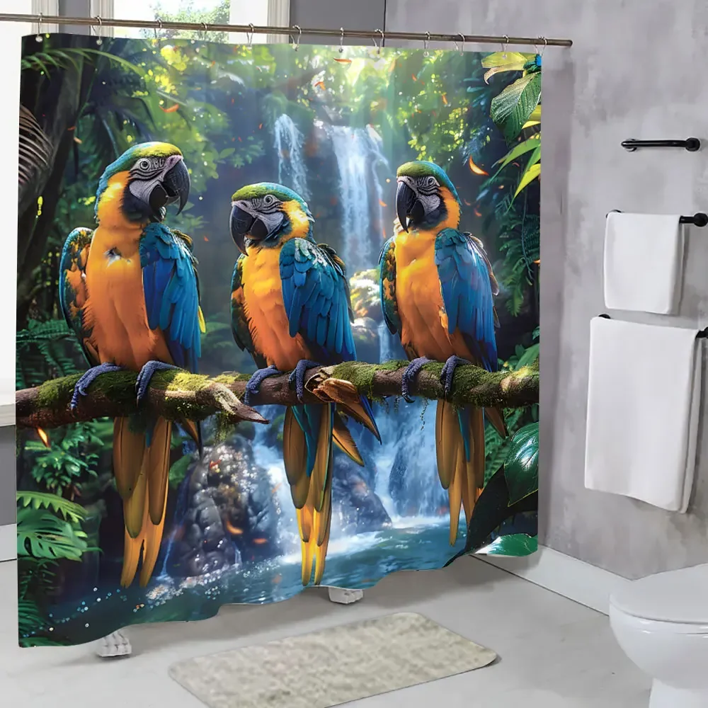 Popular Parrot Shower Curtain Mountain Waterfall Picturesque Colourful Animals Polyester Fabric Shower Curtains Bathroom Decor