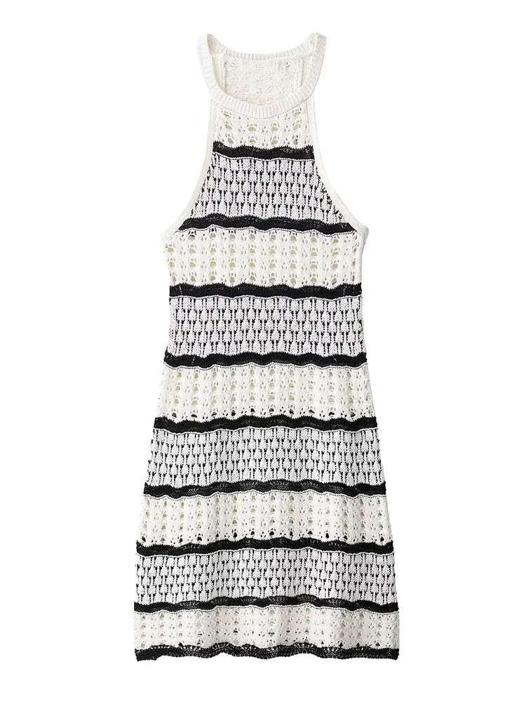 

KUCLUT Women Fashion Printed Knitted A-Line Mini Dress Vintage O-Neck Sleeveless Female Chic Lady Dresses