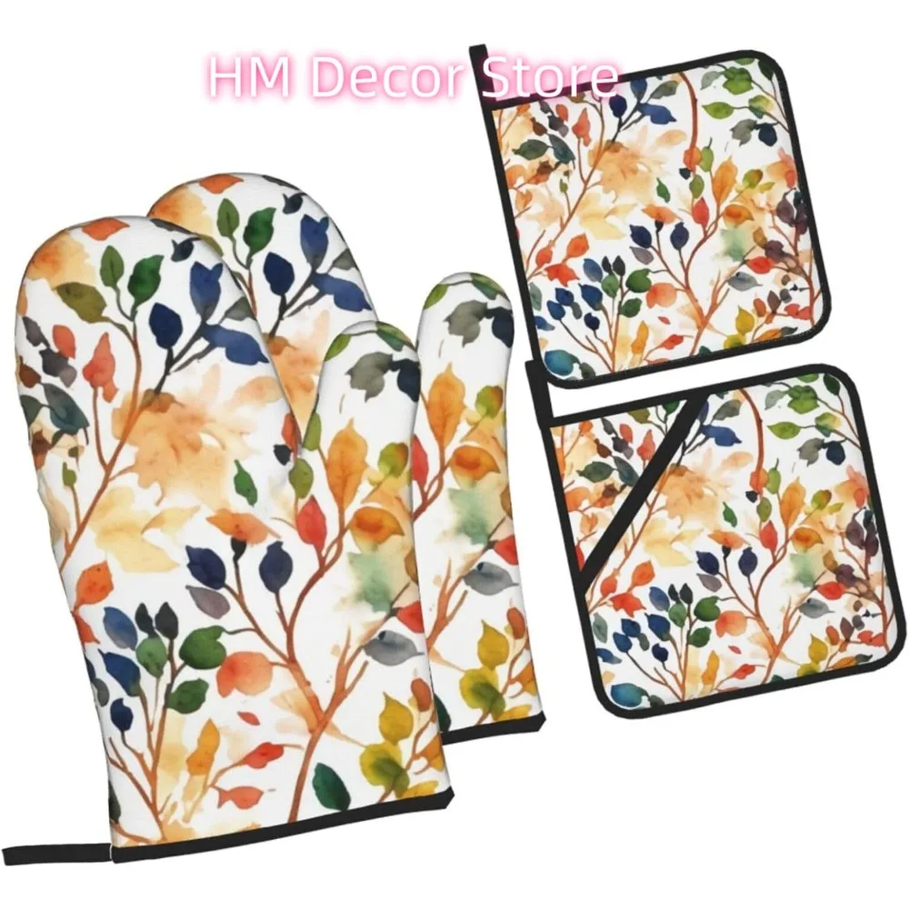

Разноцветные листья с цветочным принтом в стиле бохо, весенняя природа, растительные прихватки, наборы из 4 предметов, термостойкие нескользящие перчатки для барбекю