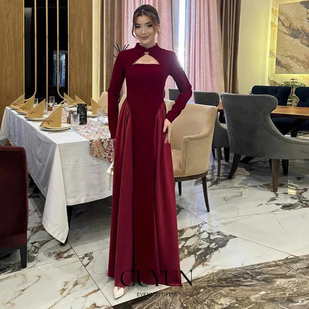 CUYUN Customized Formal Women Dinner Party Dresses High Collar Long Sleeves Red Floor-Length Evening Gown Wedding Guest Dress