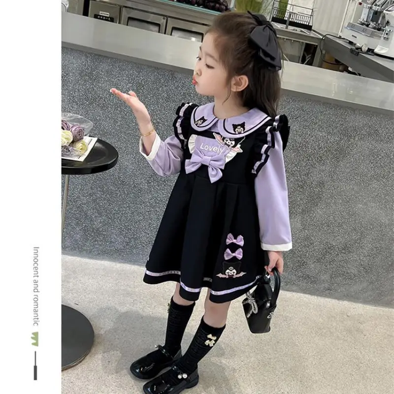

Sanrio Y2K Girl Dress Set Kuromi Kawaii Anime Fashion Autumn Student Shirt Tops Princess Dress 2-Piece Set Children Clothing New